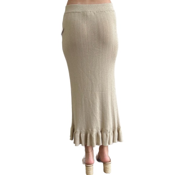 House of Harlow Gold Knit Ruffle Bodycon Maxi Skirt Small Pull On Stretchy Small - Picture 2 of 5